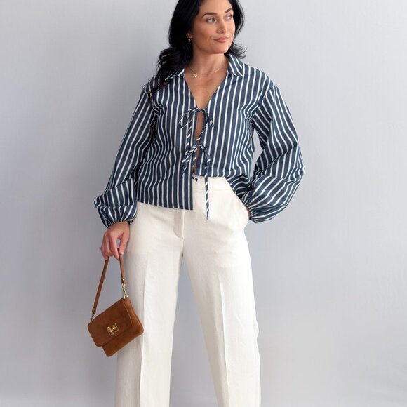 Women’s Striped Tie-Front Blouse – Navy/White, Collared Long Balloon Sleeve - Picture 5 of 10